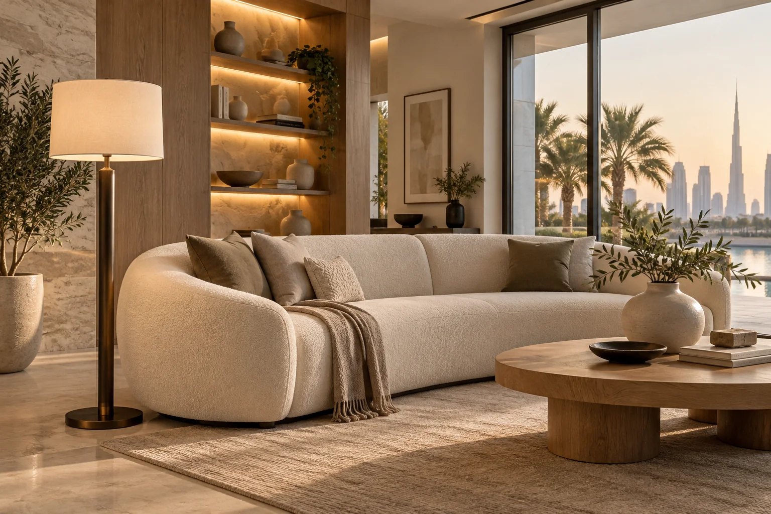 Generated Dubai living room concept with an ivory sofa, bronze floor lamp and ceramic vase on an oak coffee table.