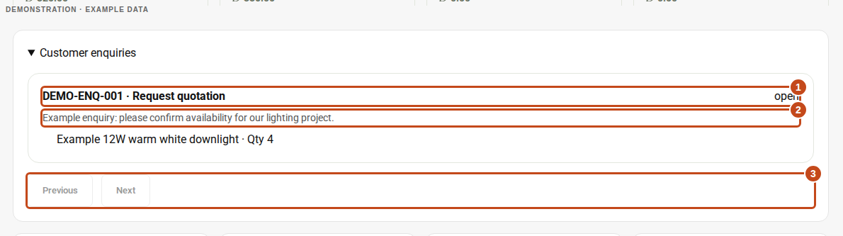 Expanded Customer enquiries: marker 1 shows enquiry number, type and status, marker 2 shows the message and products, and marker 3 shows enquiry pagination.