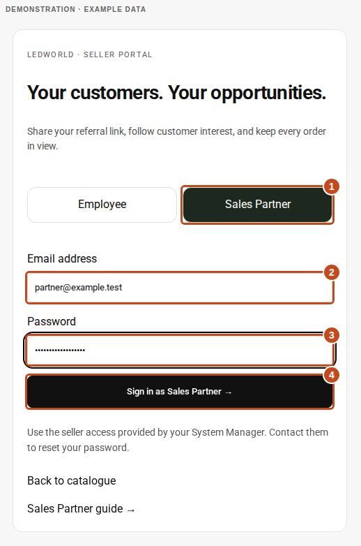 Sales Partner login: marker 1 selects Sales Partner, 2 enters email, 3 enters password, and 4 signs in.