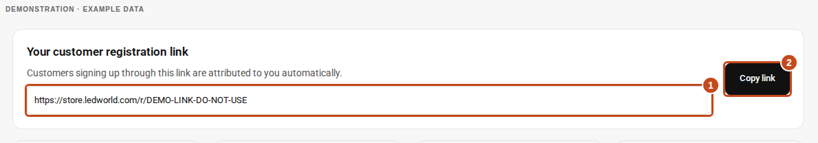 Dashboard referral section: marker 1 identifies the personal registration link and marker 2 identifies Copy link.