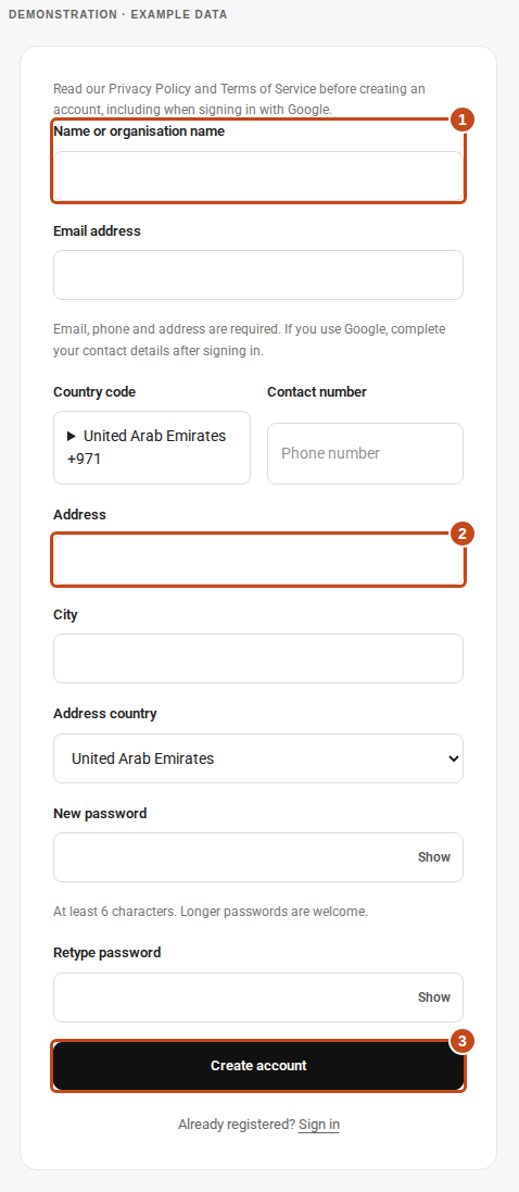 Customer registration form: marker 1 shows name and email, 2 shows contact and address details, and 3 shows passwords and Create account.