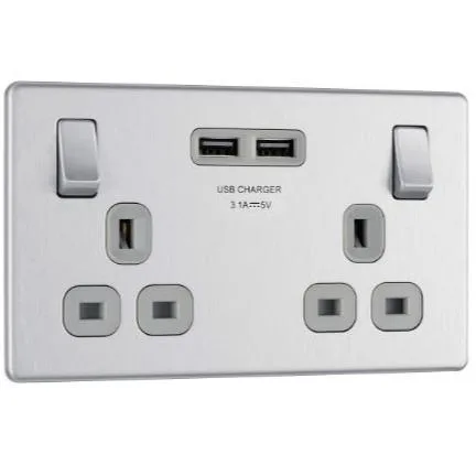 BG 13AMP double socket brushed steel with grey module