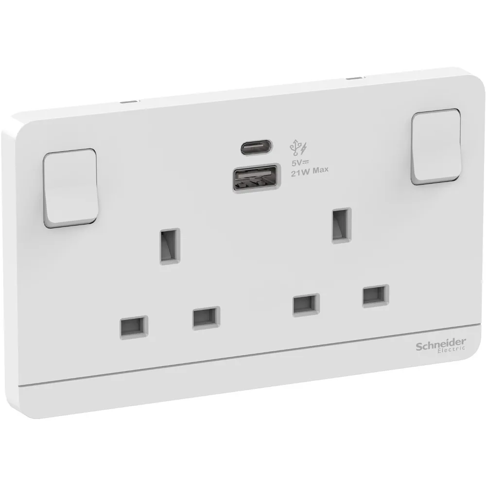 Switched socket with USB charger, Avataron, 21W type A+C, 2 gang, 13A, white