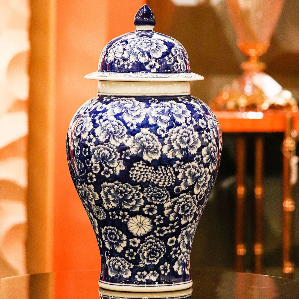 DESROCH DECOR CERAMIC BLUE AND WHITE FLORALS JAR WITH A LARGE ORIENTAL DESIGN