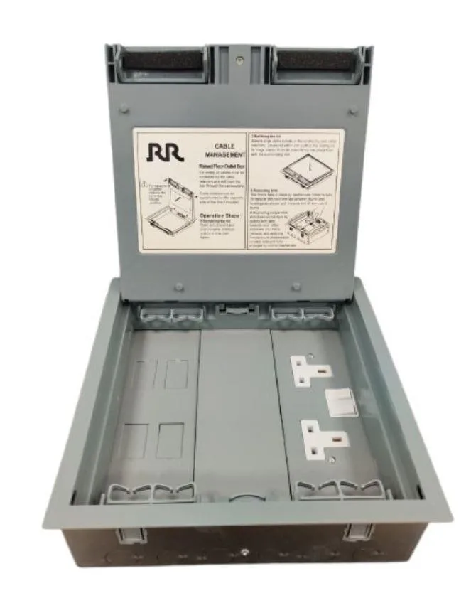 RAISED  FLOOR BOX 315X210X85MM FITTED  WITH 2 GANG TWIN PLATE AND ONE 3X6 PLATE 