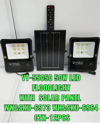 VATC  50W  LED SOLAR FLOOD LIGHT 3000K  CHARGING 4Hr DC-3.2V 5000mA  IP65 Dimension: 175x50x210mm