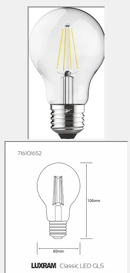 LUXRAM  Value Classic LED GLS E27 6.5W 4000K, 806lm, Clear Finish, 220V AC 