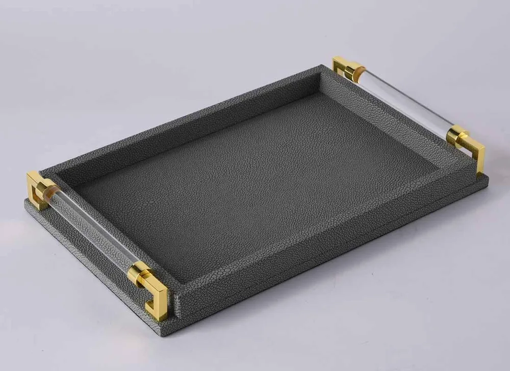 DESROCH DECOR GRAY ACRYLIC PU GOLD METAL HAND BOWL & TRAY