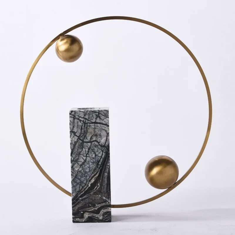 DESROCH DECOR LUXURIOUS MARBLE & STAINLESS STEEL CIRCLE WITH GOLDEN BALLS TABLE TOP DECORATIVE OBJECT