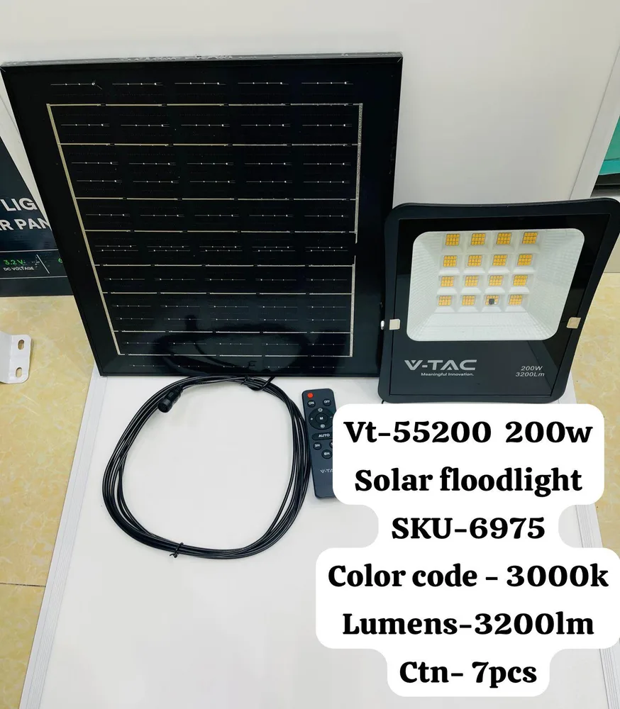 V TAC SOLAR FLOOD LIGHT 200W 3000K  IP65 15000mAh BLACK