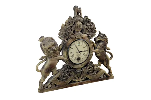 DESROCH DECOR MODERN VINTAGE HAND CARVED WOODEN UNITED KINGDOM ROYAL COAT OF ARMS PENDULUM WALL CLOCK