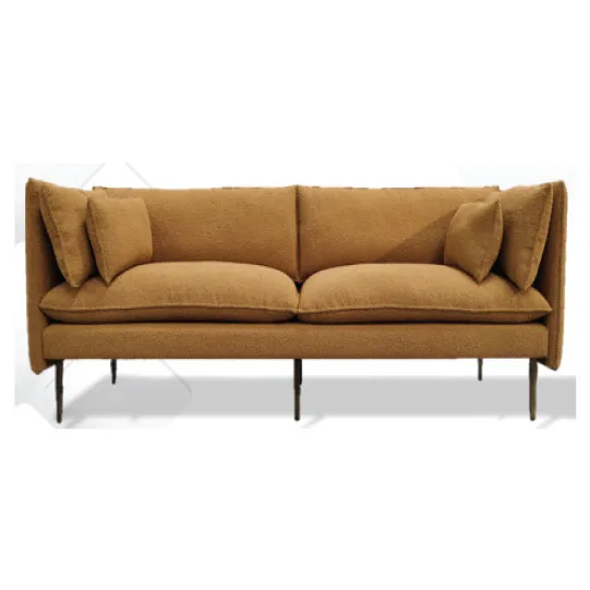 DESROCH FABRIC AND METAL LEG SOFA MUSTARD YELLOW AND ANTIQUE BRASS LEG IN HAMMERED FINISH FURNITURE