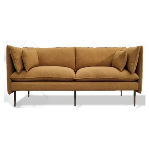 DESROCH FABRIC AND METAL LEG SOFA MUSTARD YELLOW AND ANTIQUE BRASS LEG IN HAMMERED FINISH FURNITURE