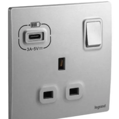 Legrand British Standard Socket Outlet With USB Type-C Chargers - 13A 250V~ 1 Gang Single Pole Switched - Dark Silver
