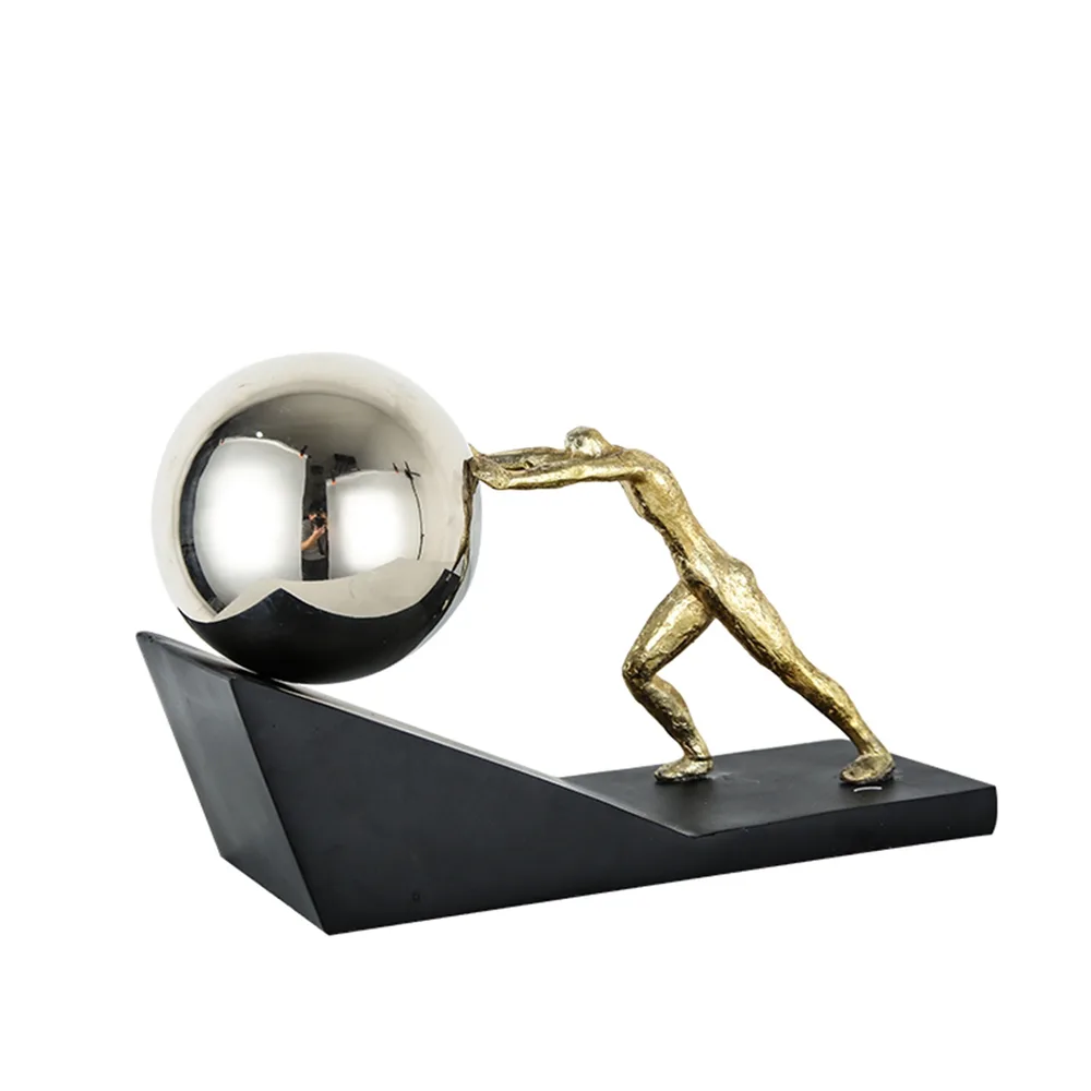 DESROCH DECOR METAL MAN PUSHING THE BALL SCULPTURE_RESIN