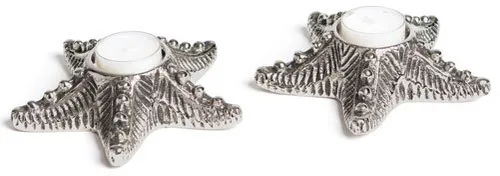 DESROCH DECOR NICKELED PLATED SET OF TWOALUMINUM STARFISH VOTIVES PR CANDLE HOLDER