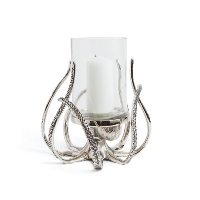 DESROCH DECOR NICKELED PLATED SET OF TWOALUMINUM/GLASS TELLARO HURRICANE CANDLE HOLDER