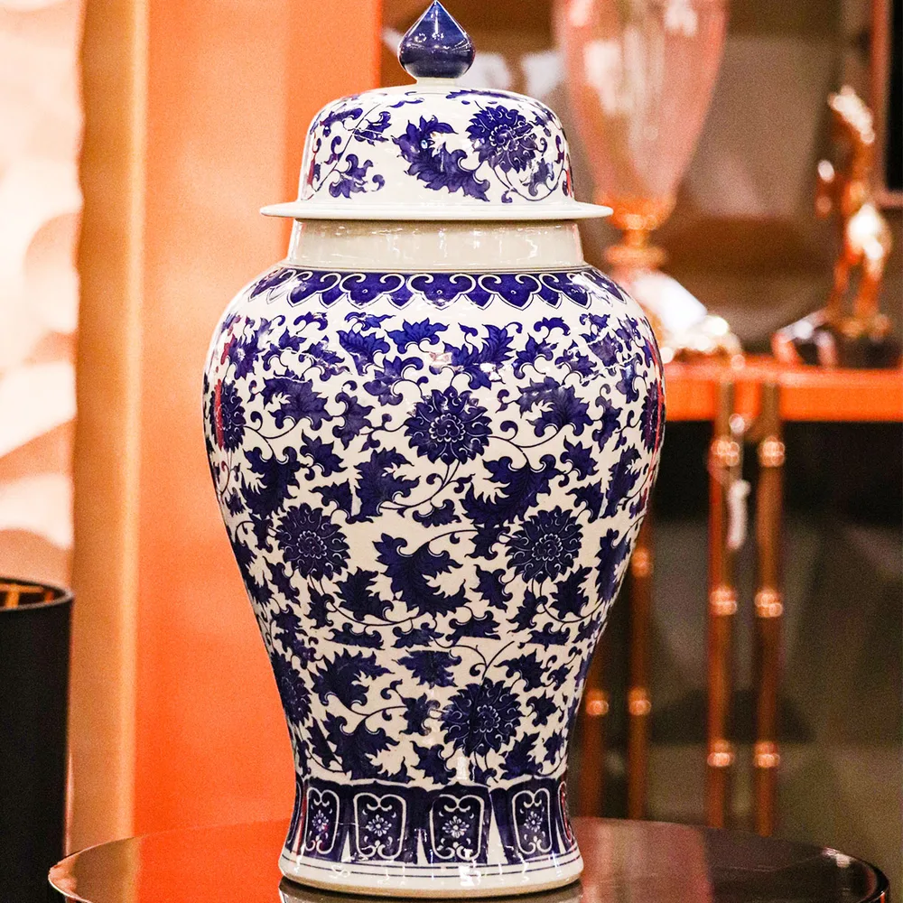DESROCH DECOR BLUE AND WHITE HUGE LOTUS ANTIQUE CERAMIC POTTERY